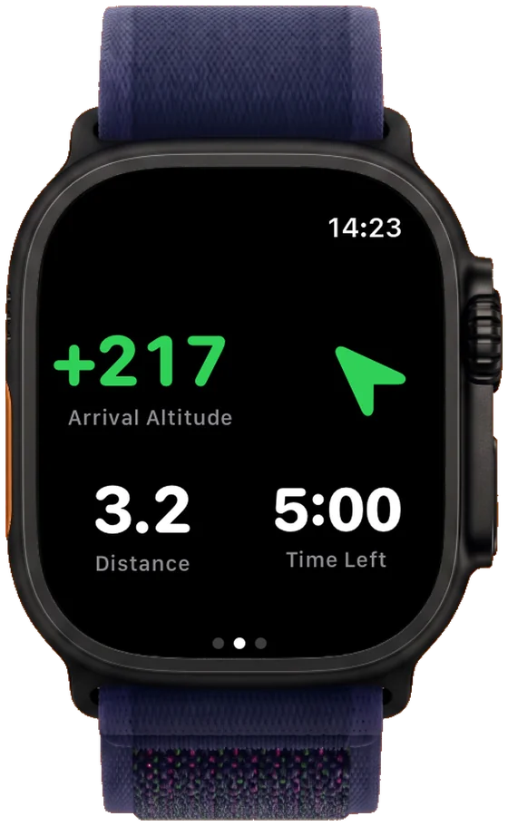SimpleVario final glide display on Apple Watch Ultra: arrival altitude, distance and remaining flight time to the landing spot