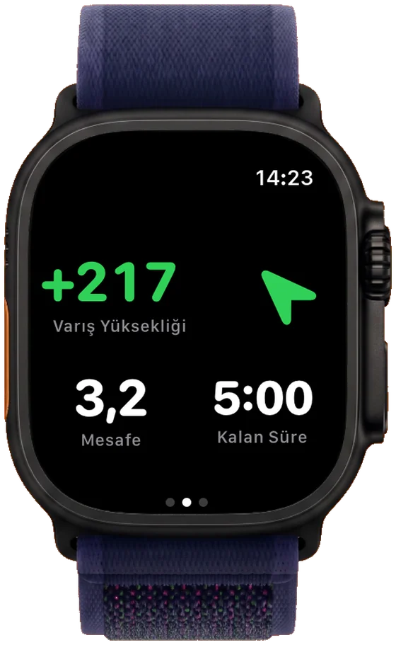 Apple Watch Ultra'da SimpleVario final süzülüş ekranı: varış irtifası, mesafe ve iniş noktasına kalan uçuş süresi