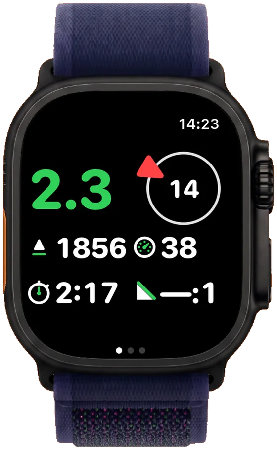 SimpleVario main screen on Apple Watch Ultra: climb rate, wind direction, altitude, flight time and glide ratio