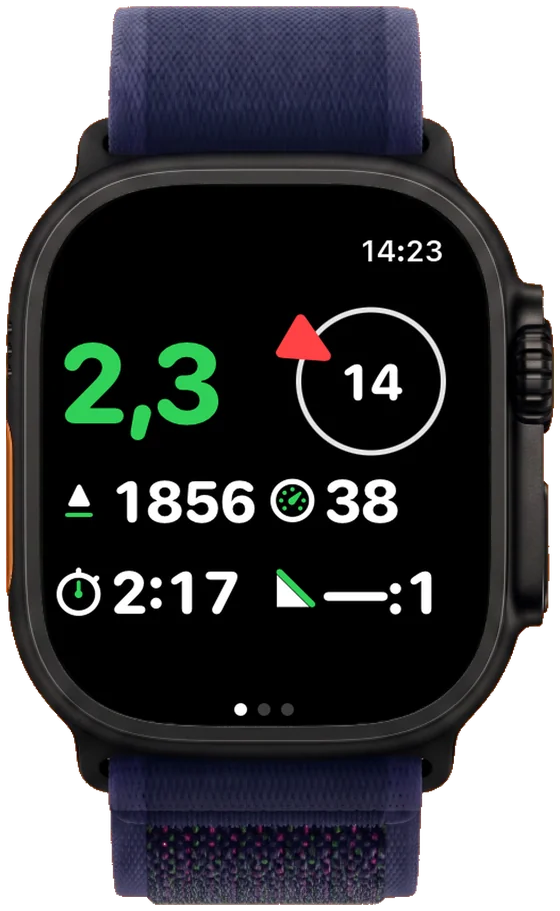 Schermata principale di SimpleVario su Apple Watch Ultra: variometro, direzione del vento, quota, tempo di volo ed efficienza